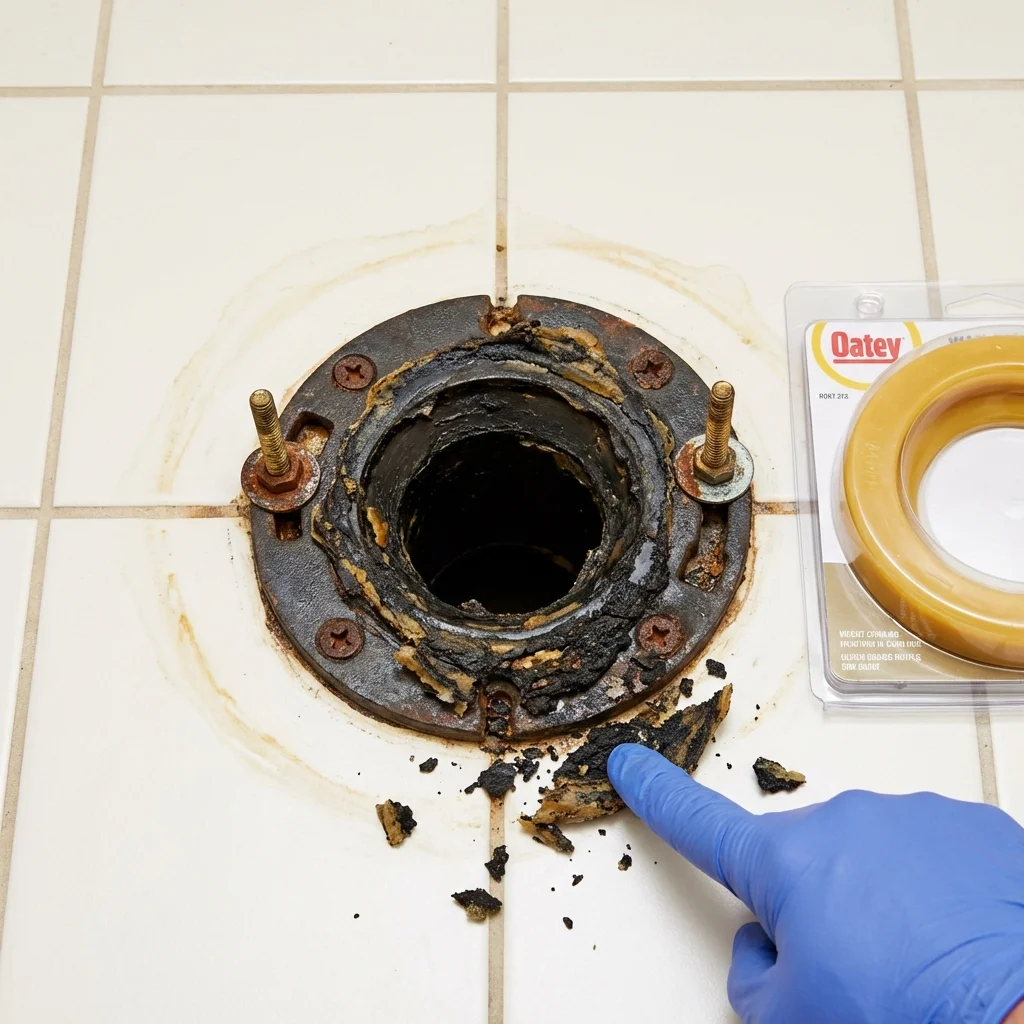 Failed wax ring showing water seepage at the base of a toilet in a Beaufort, SC home