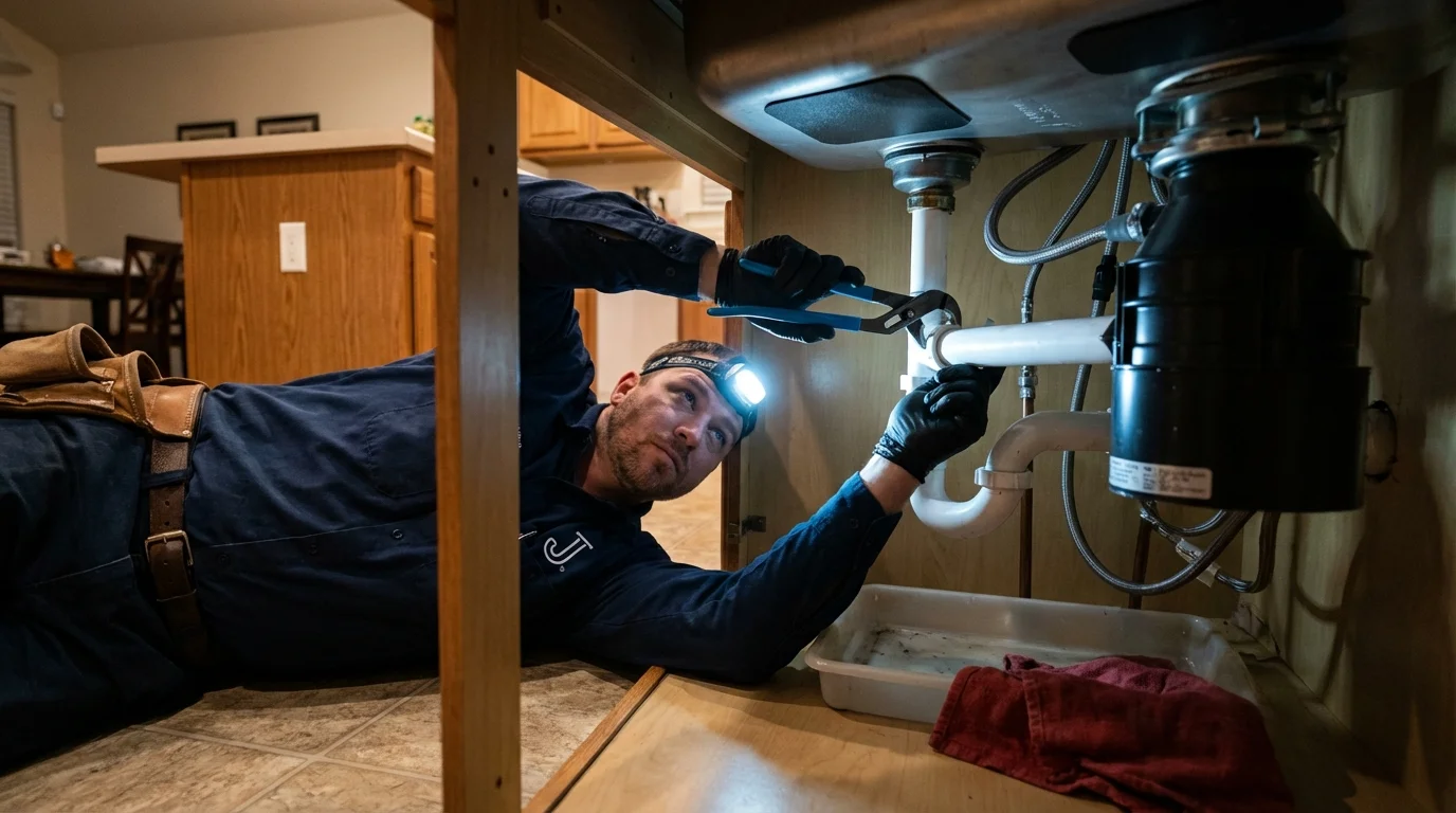 P-trap and supply line connections under a kitchen sink showing a common leak point in Beaufort, SC